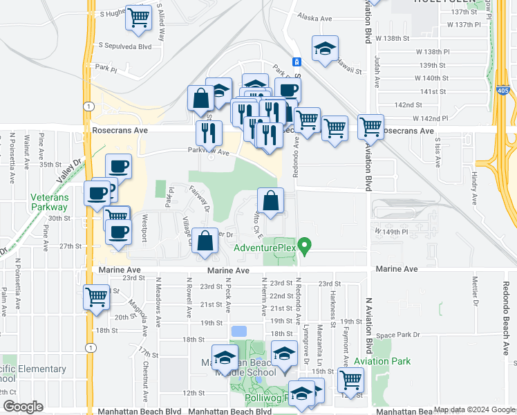 map of restaurants, bars, coffee shops, grocery stores, and more near 1 Santa Rosa Court in Manhattan Beach