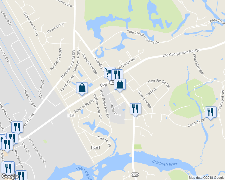 map of restaurants, bars, coffee shops, grocery stores, and more near 1008 Beach Drive Southwest in Calabash