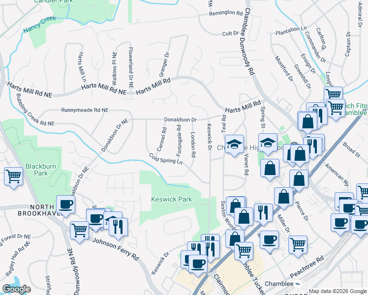 map of restaurants, bars, coffee shops, grocery stores, and more near 3629 Fortingale Road in Atlanta