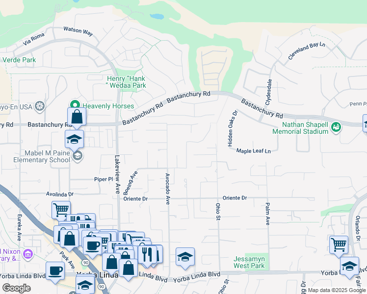 map of restaurants, bars, coffee shops, grocery stores, and more near 4371 Dorthea Street in Yorba Linda