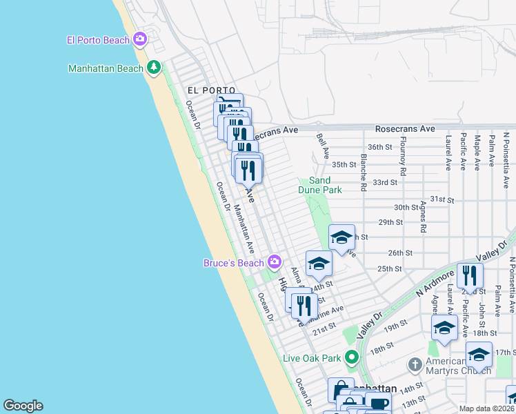map of restaurants, bars, coffee shops, grocery stores, and more near 310 32nd Street in Manhattan Beach