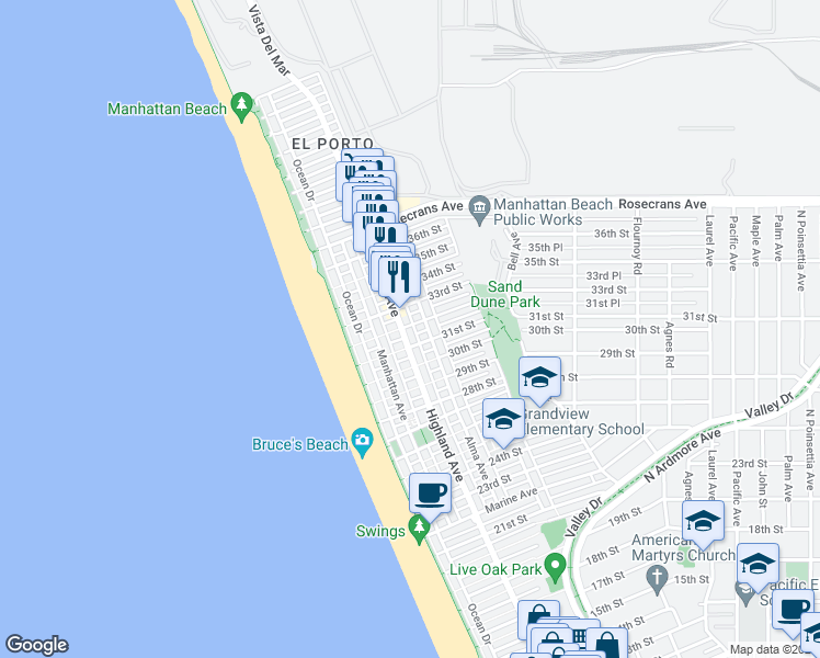 map of restaurants, bars, coffee shops, grocery stores, and more near 310 32nd Street in Manhattan Beach