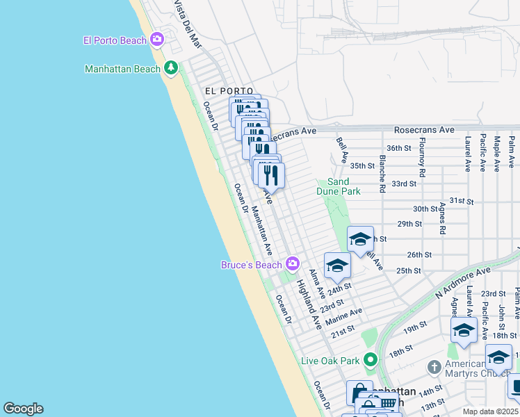 map of restaurants, bars, coffee shops, grocery stores, and more near 3205 Bayview Drive in Manhattan Beach