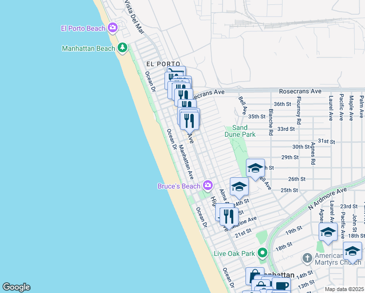 map of restaurants, bars, coffee shops, grocery stores, and more near 3208 Manhattan Avenue in Manhattan Beach