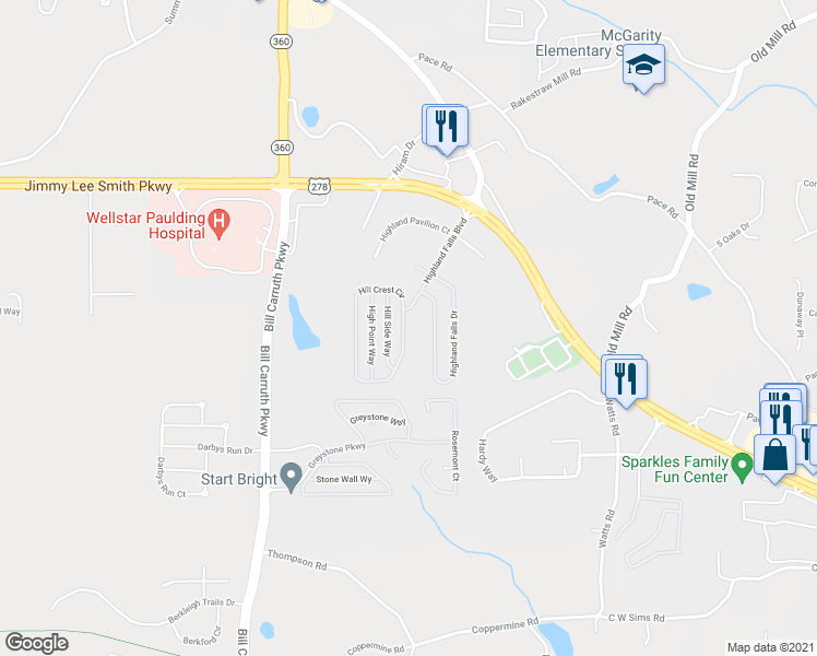 map of restaurants, bars, coffee shops, grocery stores, and more near 532 Hillcrest Circle in Hiram