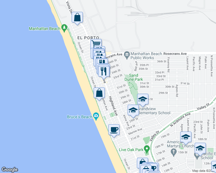 map of restaurants, bars, coffee shops, grocery stores, and more near 310 32nd Street in Manhattan Beach