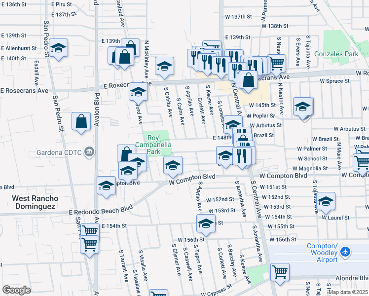 map of restaurants, bars, coffee shops, grocery stores, and more near 1033 East 149th Street in Compton