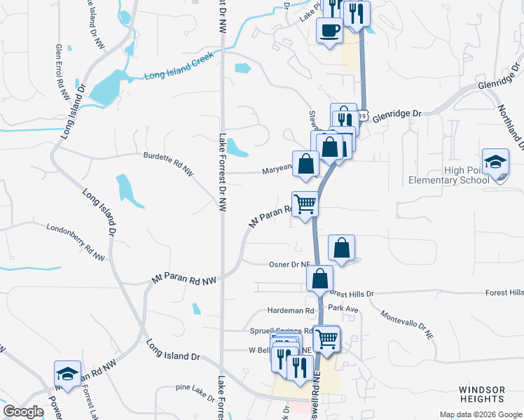 map of restaurants, bars, coffee shops, grocery stores, and more near 5271 Lake Forrest Drive in Atlanta