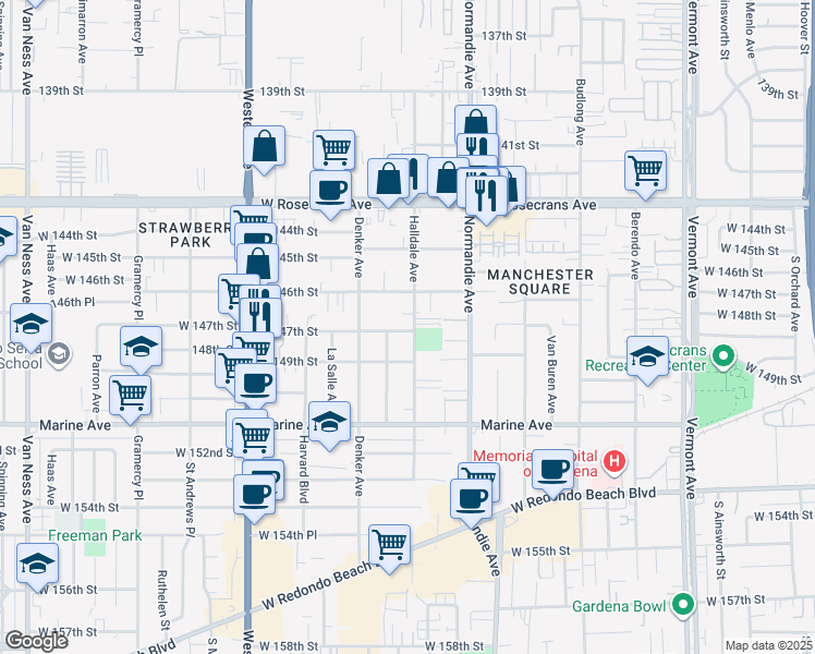 map of restaurants, bars, coffee shops, grocery stores, and more near 1526 West 146th Street in Gardena