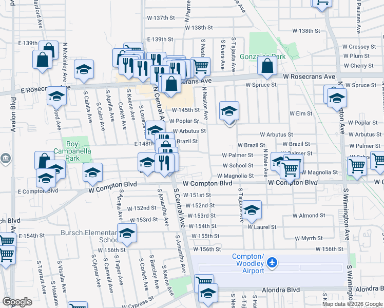 map of restaurants, bars, coffee shops, grocery stores, and more near 1616 West Palmer Street in Compton