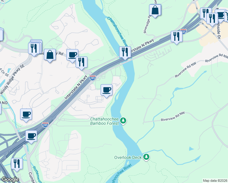 map of restaurants, bars, coffee shops, grocery stores, and more near 1033 Riverbend Club Drive Southeast in Atlanta