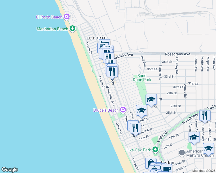 map of restaurants, bars, coffee shops, grocery stores, and more near 3208 Manhattan Avenue in Manhattan Beach