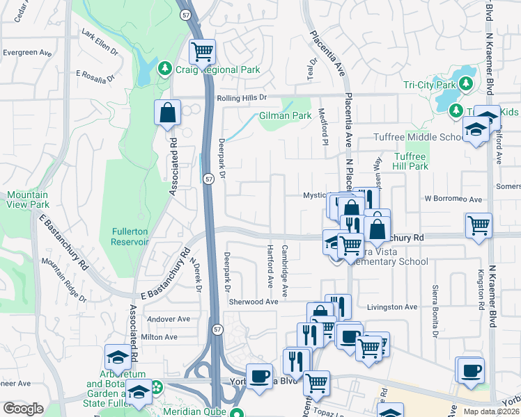 map of restaurants, bars, coffee shops, grocery stores, and more near 2453 Hartford Avenue in Fullerton