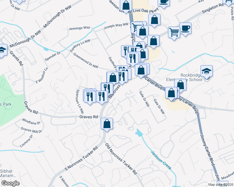 map of restaurants, bars, coffee shops, grocery stores, and more near 6070 South Norcross Tucker Road in Norcross