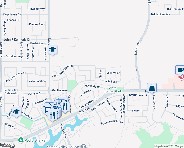 map of restaurants, bars, coffee shops, grocery stores, and more near 15362 Abazo Drive in Moreno Valley