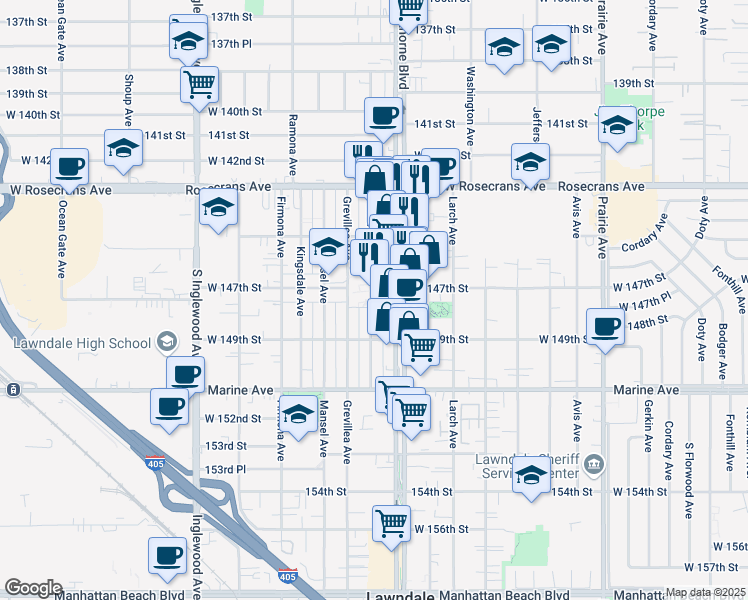 map of restaurants, bars, coffee shops, grocery stores, and more near 14700 Burin Avenue in Lawndale