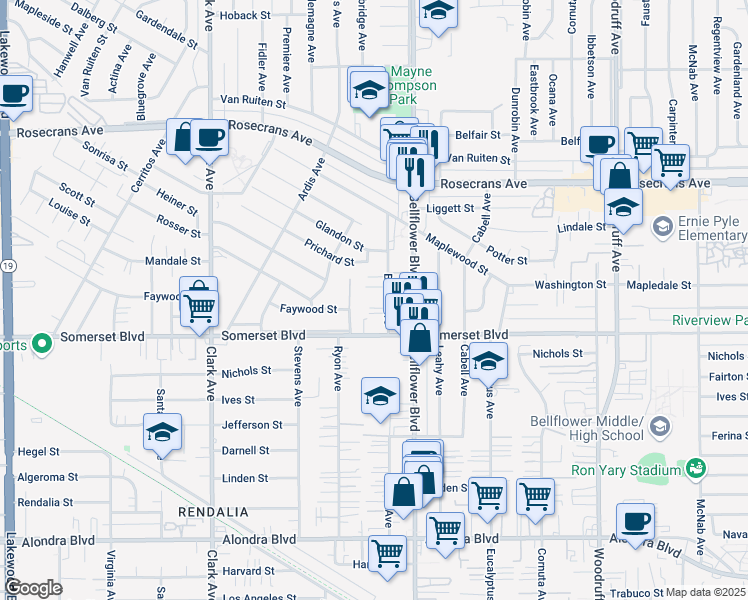 map of restaurants, bars, coffee shops, grocery stores, and more near 14707 Blaine Avenue in Bellflower