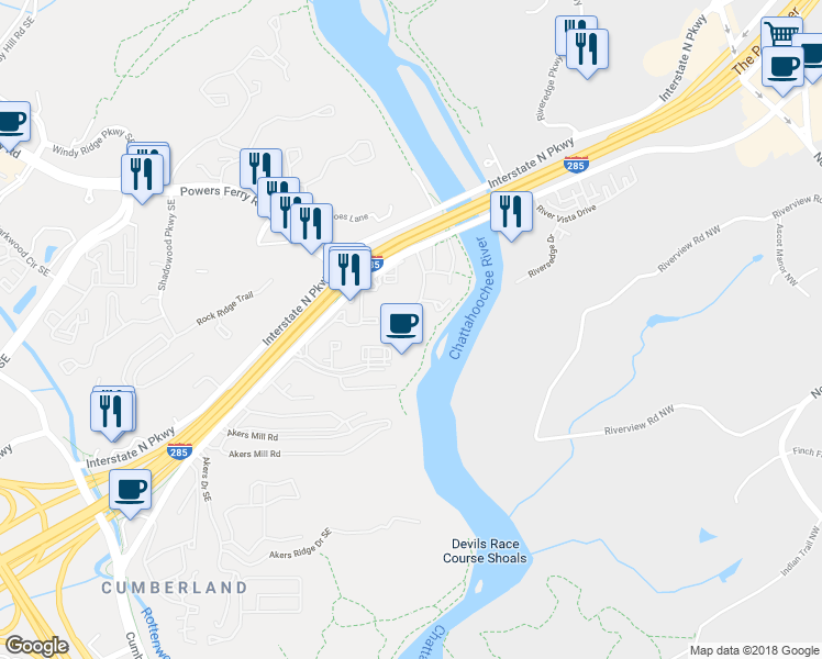 map of restaurants, bars, coffee shops, grocery stores, and more near 1038 Riverbend Club Drive Southeast in Atlanta
