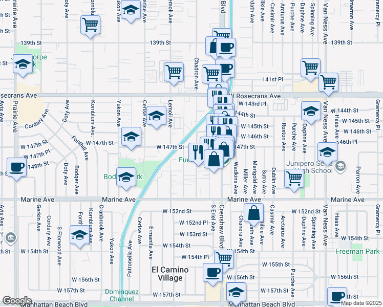 map of restaurants, bars, coffee shops, grocery stores, and more near 14715 Chadron Avenue in Gardena