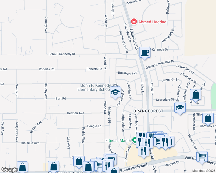 map of restaurants, bars, coffee shops, grocery stores, and more near 15209 Wood Road in Riverside