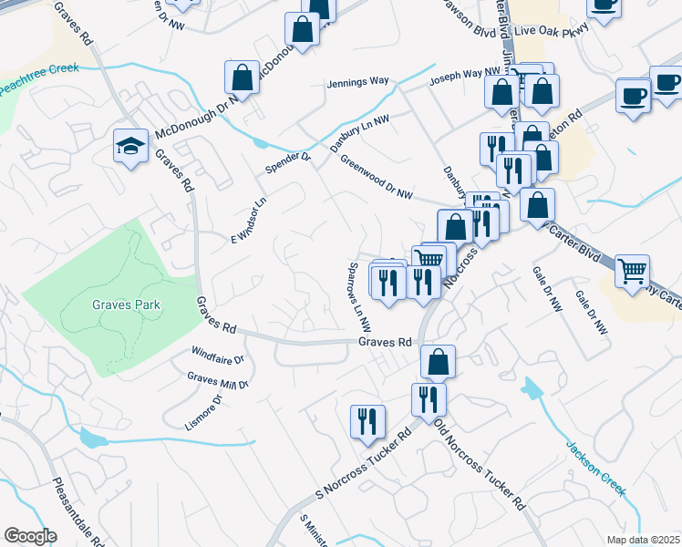 map of restaurants, bars, coffee shops, grocery stores, and more near 1355 Graves Road in Norcross