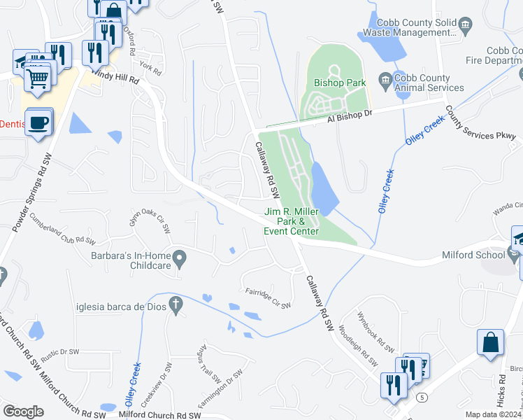 map of restaurants, bars, coffee shops, grocery stores, and more near 2192 Greenridge Drive Southwest in Marietta