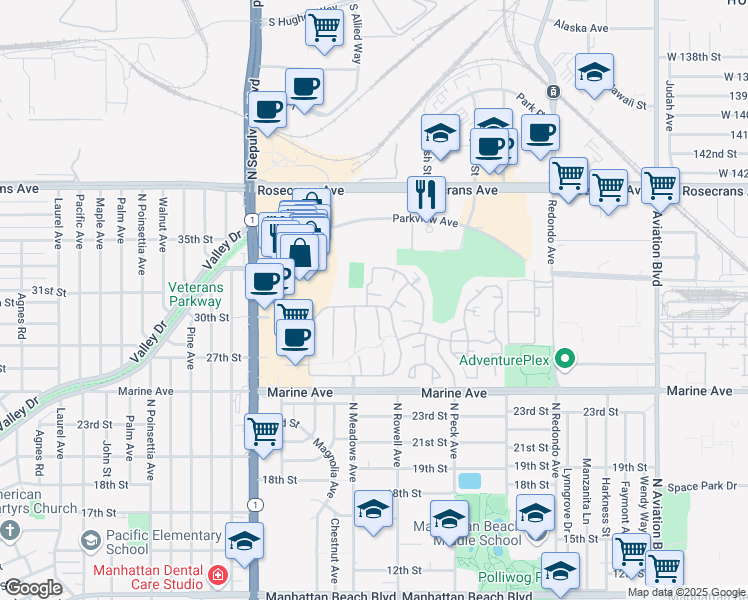 map of restaurants, bars, coffee shops, grocery stores, and more near 23 Lafayette Court in Manhattan Beach