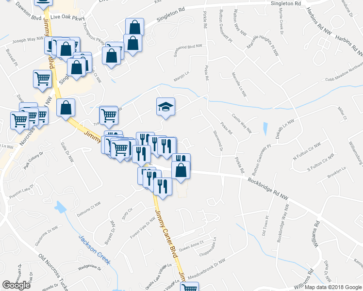 map of restaurants, bars, coffee shops, grocery stores, and more near 1365 Commercial Court in Norcross