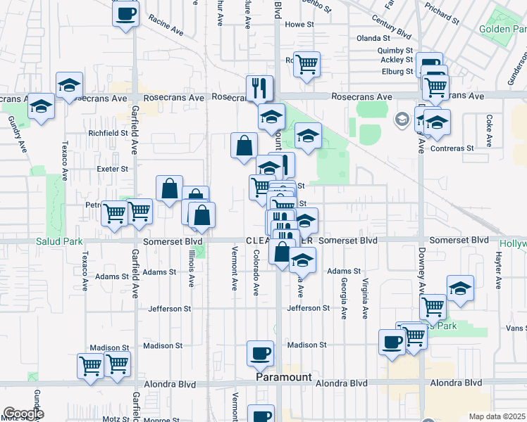 map of restaurants, bars, coffee shops, grocery stores, and more near 14817 Paramount Boulevard in Paramount