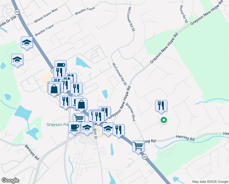 map of restaurants, bars, coffee shops, grocery stores, and more near 2005 McConnell Road Southeast in Grayson