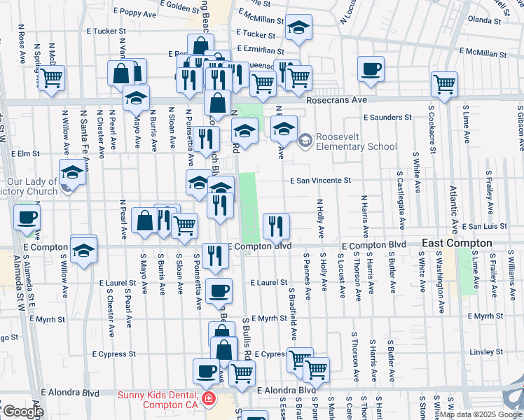 map of restaurants, bars, coffee shops, grocery stores, and more near 1605 East San Marcus Street in Compton