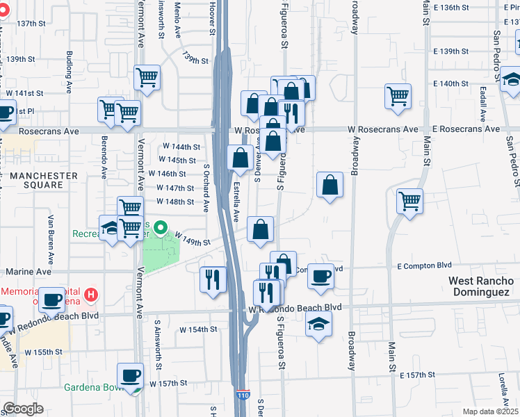 map of restaurants, bars, coffee shops, grocery stores, and more near 14706 South Denver Avenue in Gardena