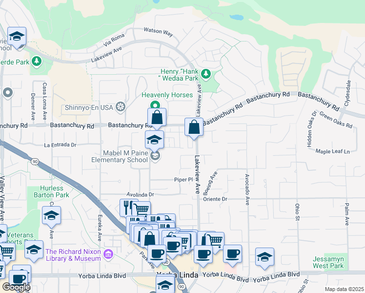 map of restaurants, bars, coffee shops, grocery stores, and more near 4347 Canyon Coral Lane in Yorba Linda