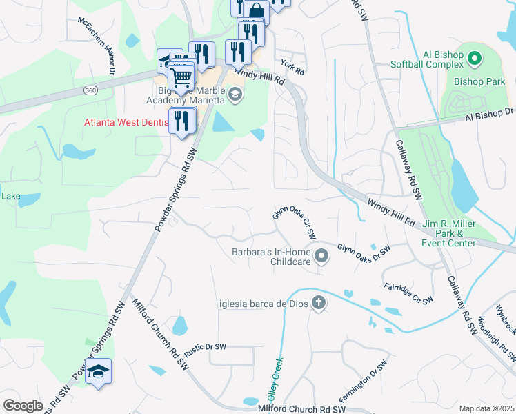 map of restaurants, bars, coffee shops, grocery stores, and more near 2247 June Court Southwest in Marietta