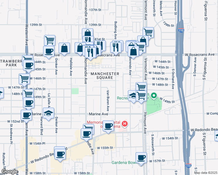 map of restaurants, bars, coffee shops, grocery stores, and more near 14708 Van Buren Avenue in Gardena