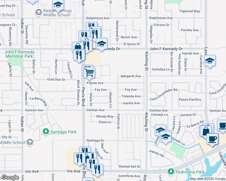 map of restaurants, bars, coffee shops, grocery stores, and more near 25249 Filaree Avenue in Moreno Valley