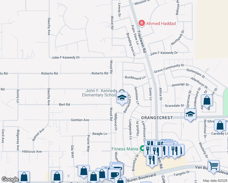 map of restaurants, bars, coffee shops, grocery stores, and more near 15209 Wood Road in Riverside