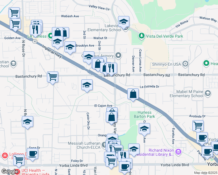 map of restaurants, bars, coffee shops, grocery stores, and more near 17387 Aspenglow Lane in Yorba Linda