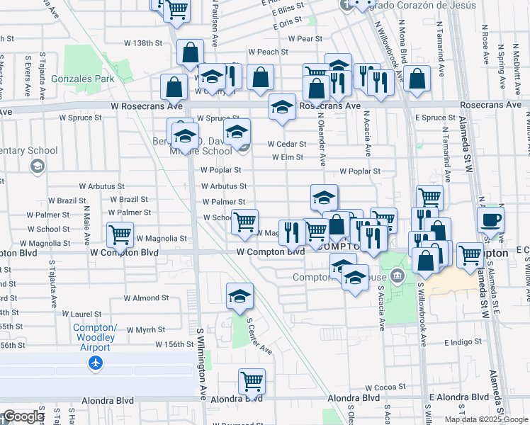 map of restaurants, bars, coffee shops, grocery stores, and more near 521 West Palmer Street in Compton