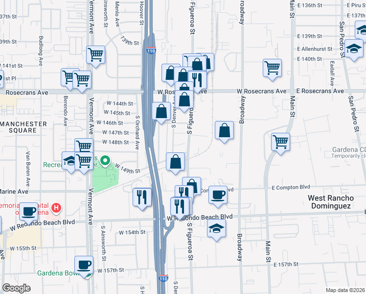 map of restaurants, bars, coffee shops, grocery stores, and more near 14708 South Denver Avenue in Gardena
