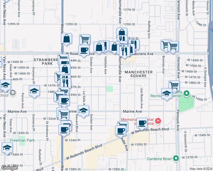 map of restaurants, bars, coffee shops, grocery stores, and more near 1450 West 146th Street in Gardena