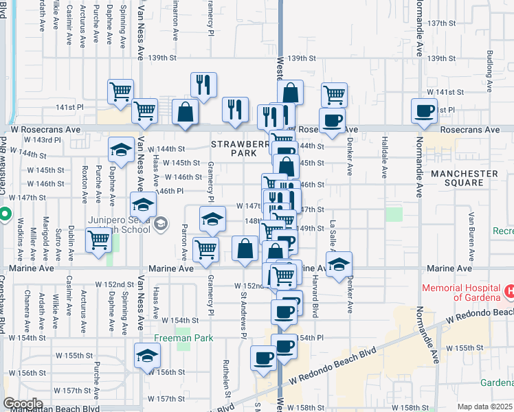 map of restaurants, bars, coffee shops, grocery stores, and more near 14620 Saint Andrews Place in Gardena
