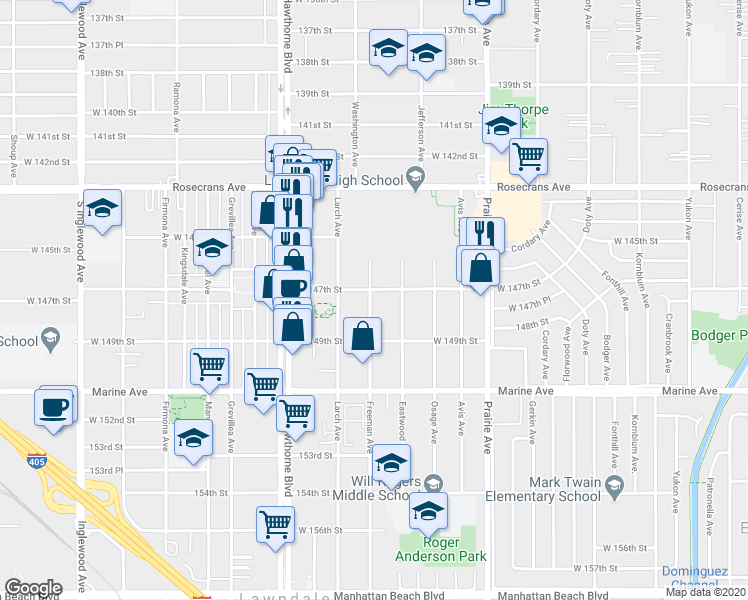 map of restaurants, bars, coffee shops, grocery stores, and more near 4161 West 147th Street in Lawndale