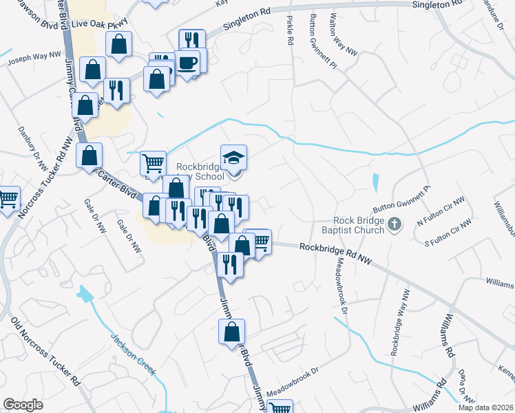 map of restaurants, bars, coffee shops, grocery stores, and more near 1365 Commercial Court in Norcross