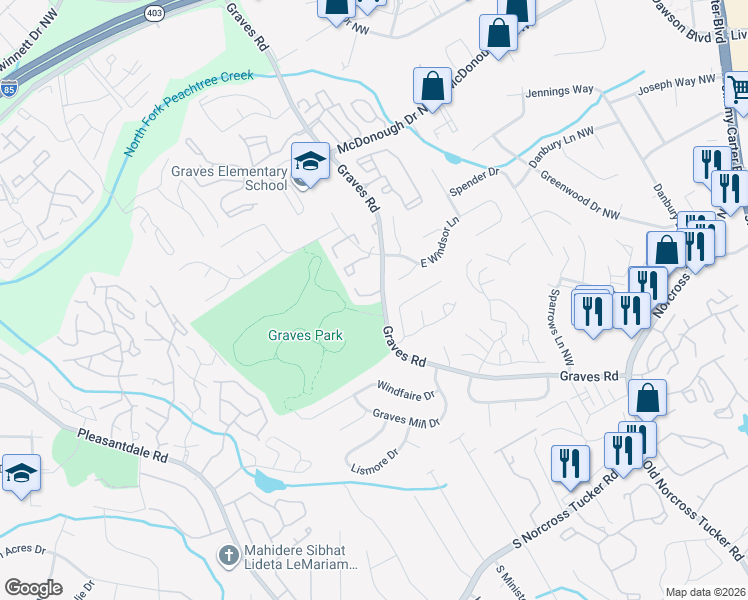 map of restaurants, bars, coffee shops, grocery stores, and more near 6708 Buckingham Court in Norcross