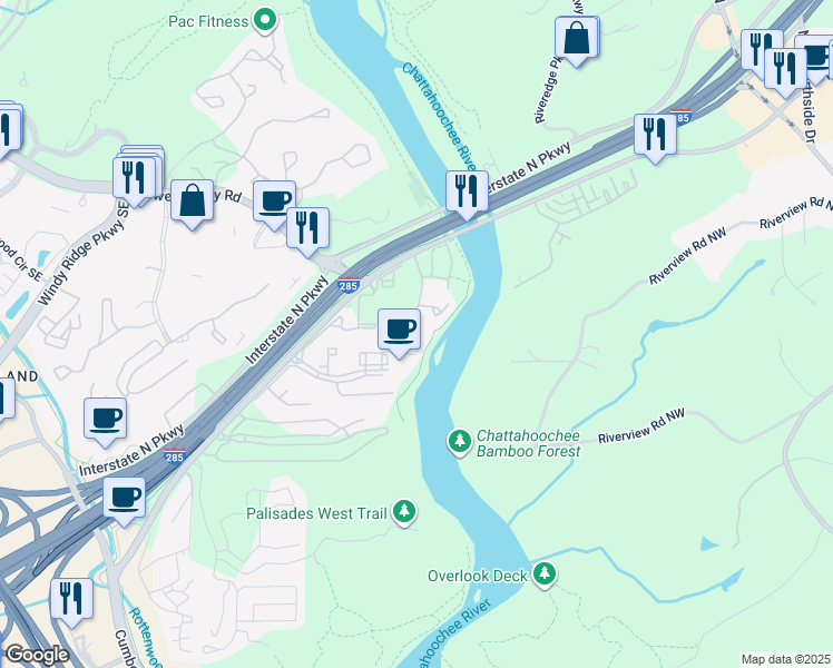 map of restaurants, bars, coffee shops, grocery stores, and more near 1033 Riverbend Club Drive Southeast in Atlanta