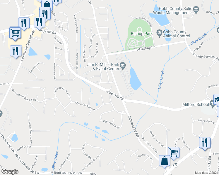map of restaurants, bars, coffee shops, grocery stores, and more near 2192 Greenridge Drive Southwest in Marietta
