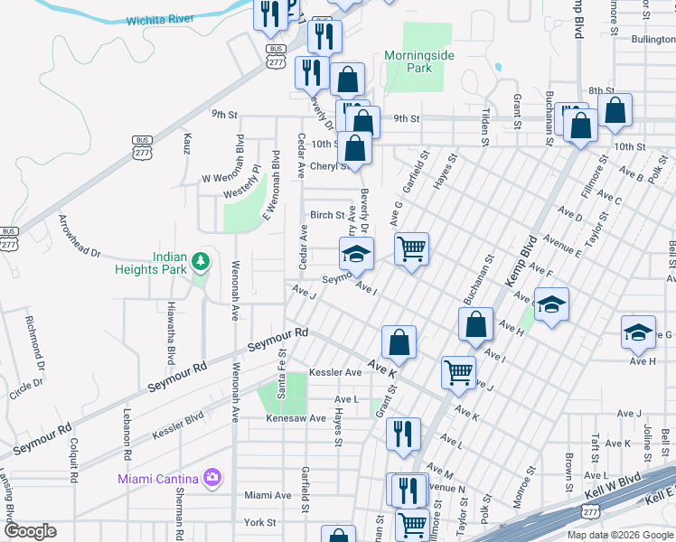 map of restaurants, bars, coffee shops, grocery stores, and more near 3201 Beech Street in Wichita Falls