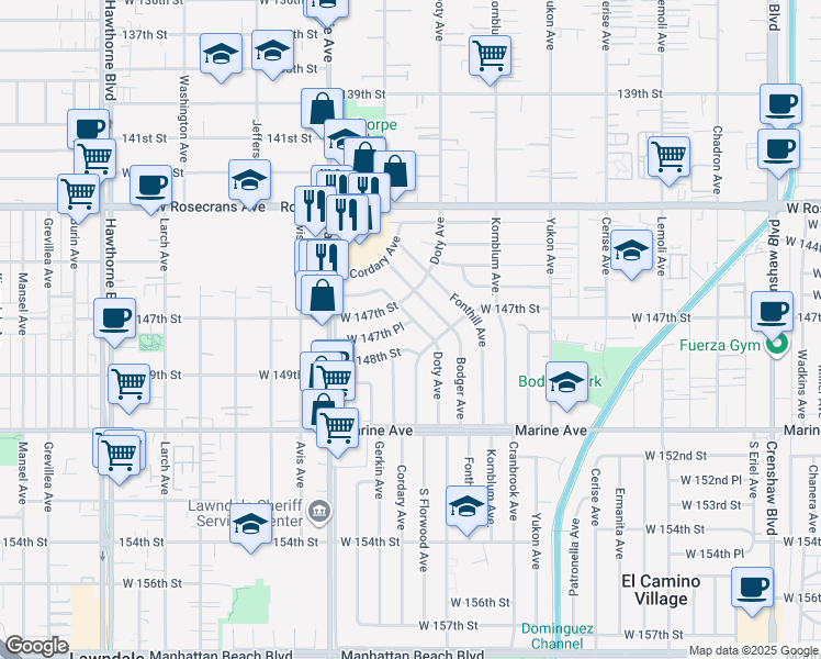 map of restaurants, bars, coffee shops, grocery stores, and more near 14707 Doty Avenue in Hawthorne