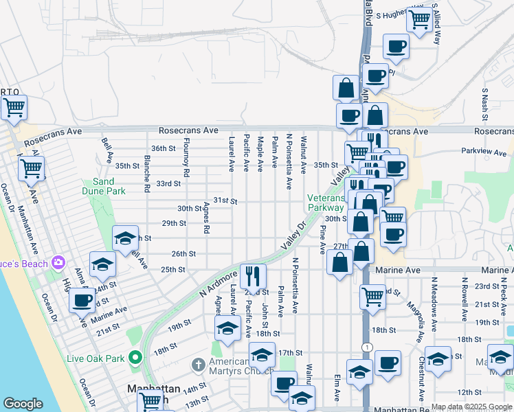 map of restaurants, bars, coffee shops, grocery stores, and more near 3108 Maple Avenue in Manhattan Beach